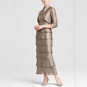 DAVID'S BRIDAL | NWT Size 10 2PC Mocha Tiered Shimmer 3/4 Jacket/Dress